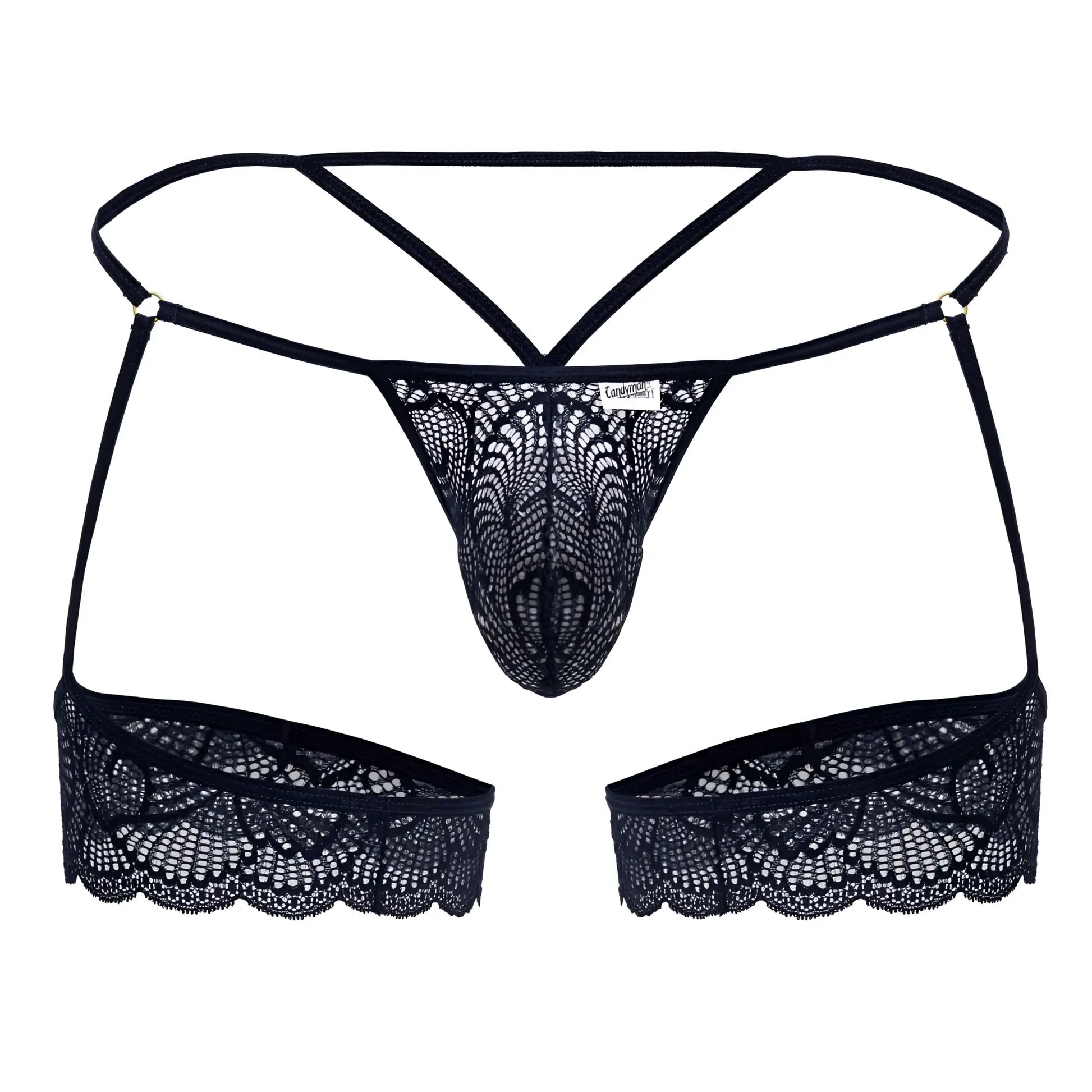 Navy CandyMan 99906 garter lace thong with intricate black floral patterns and scalloped edges front view