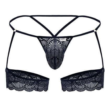 Navy CandyMan 99906 garter lace thong with intricate black floral patterns and scalloped edges front view