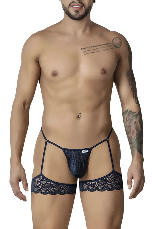 Dark blue lace garter belt with intricate floral patterns and adjustable straps from candyman 99906 thongs in navy