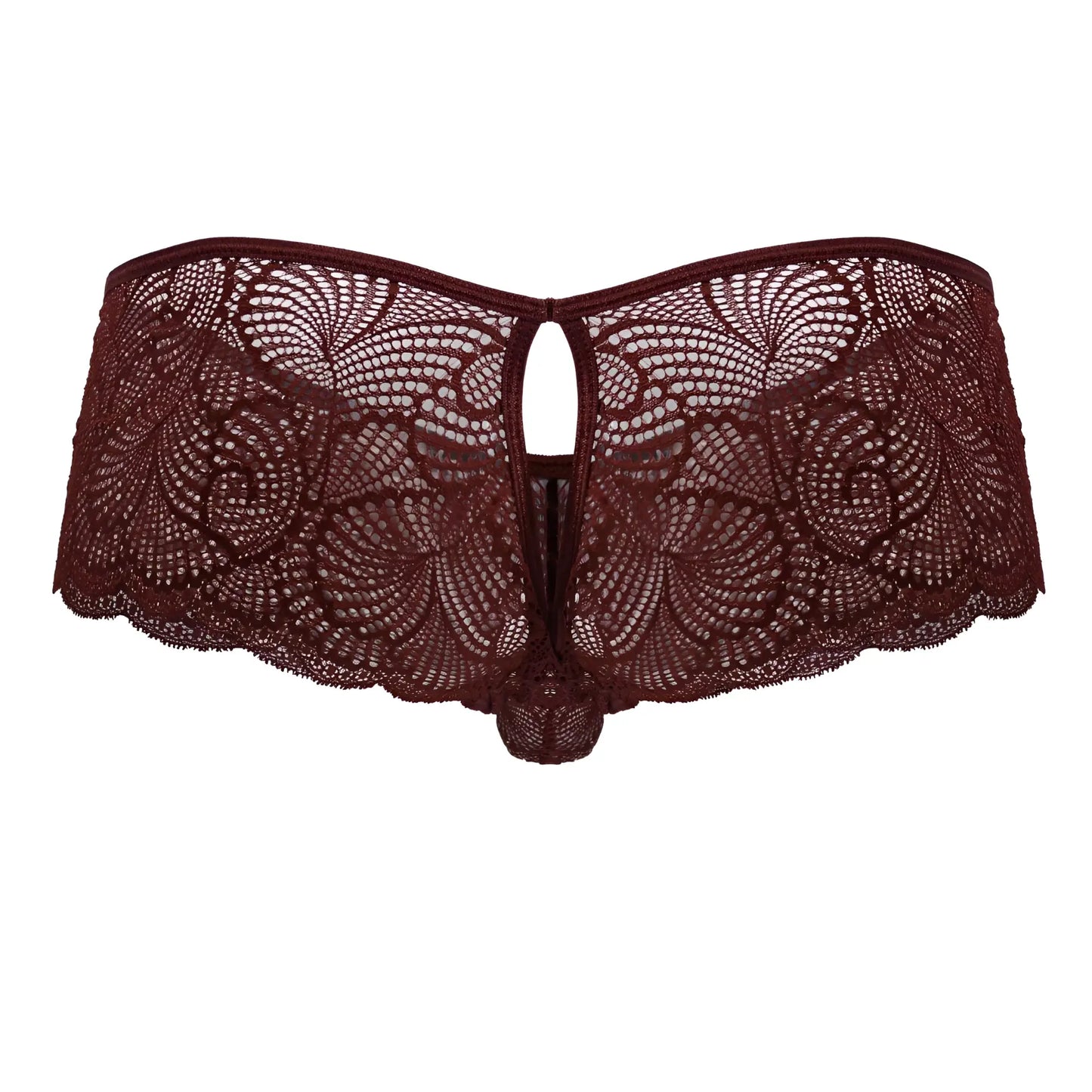 CandyMan 99907 lace trunks in burgundy featuring maroon lace thong with intricate floral patterns and scalloped edges