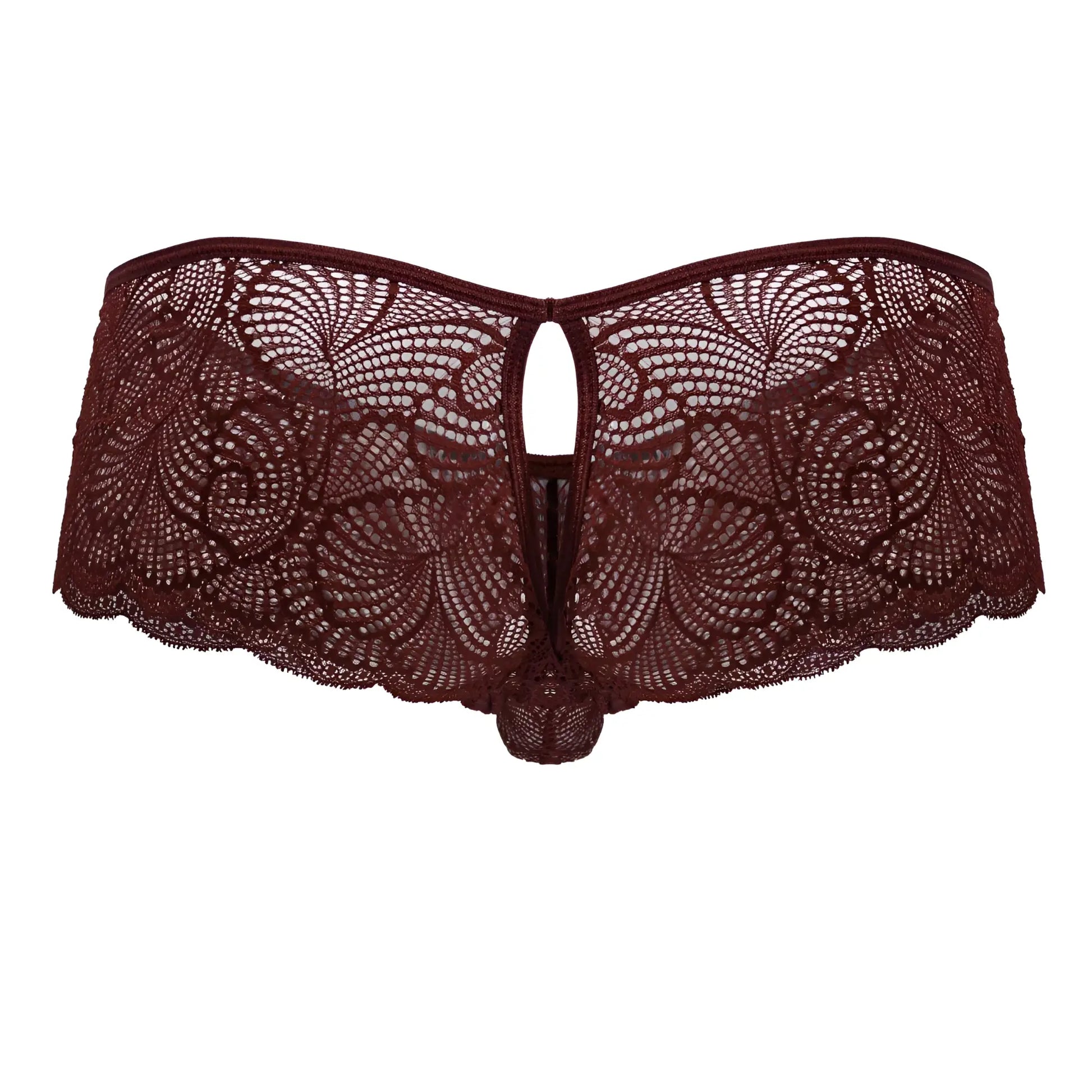CandyMan 99907 lace trunks in burgundy featuring maroon lace thong with intricate floral patterns and scalloped edges