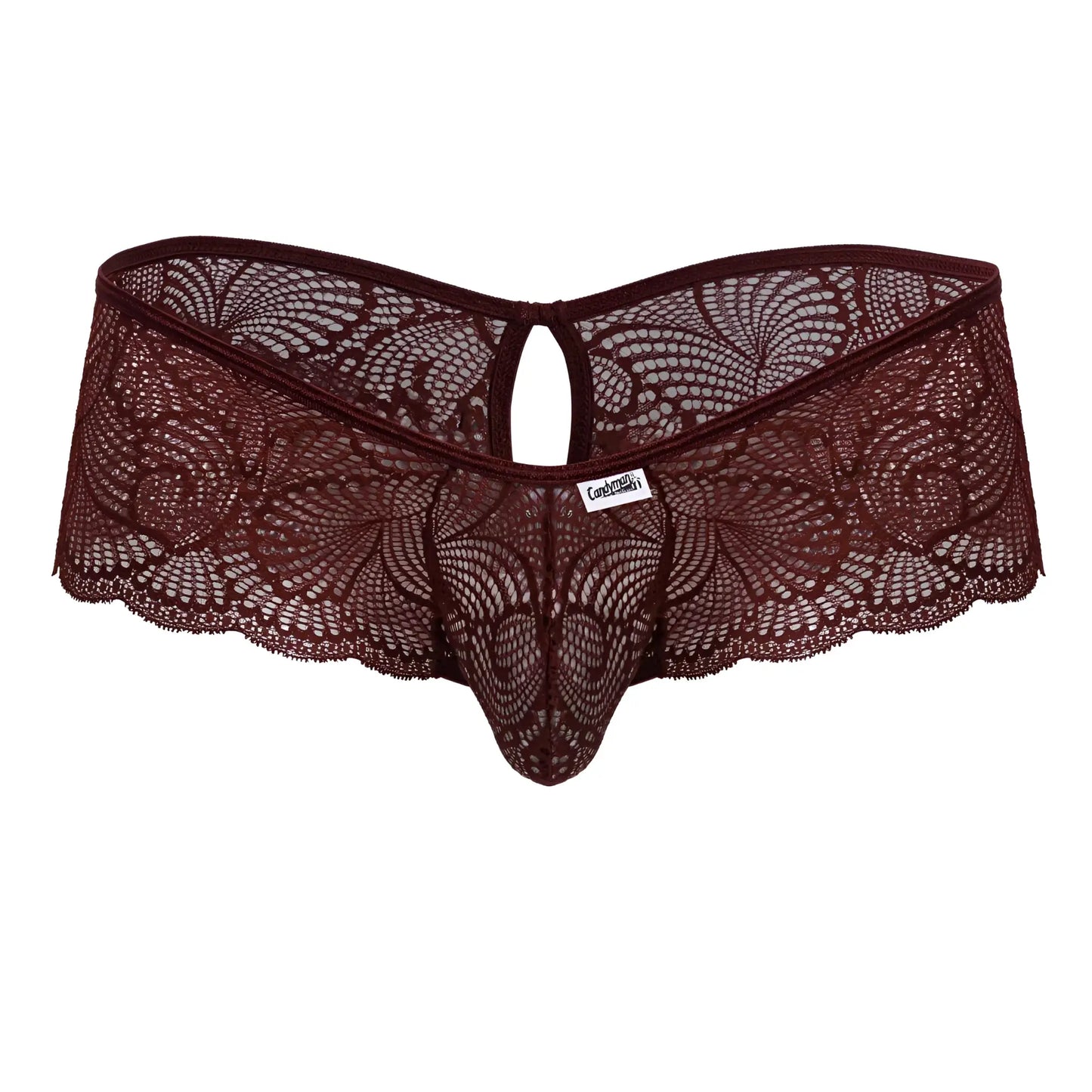 CandyMan 99907 burgundy lace thong with intricate floral patterns and scalloped edges for stylish underwear wear