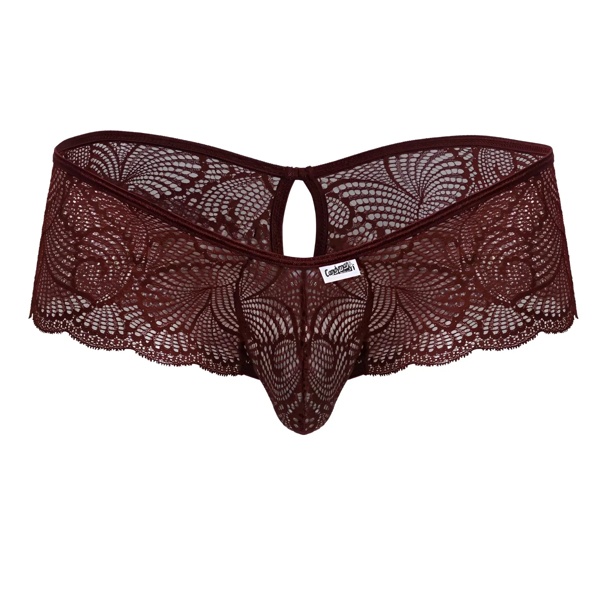 CandyMan 99907 burgundy lace thong with intricate floral patterns and scalloped edges for stylish underwear wear