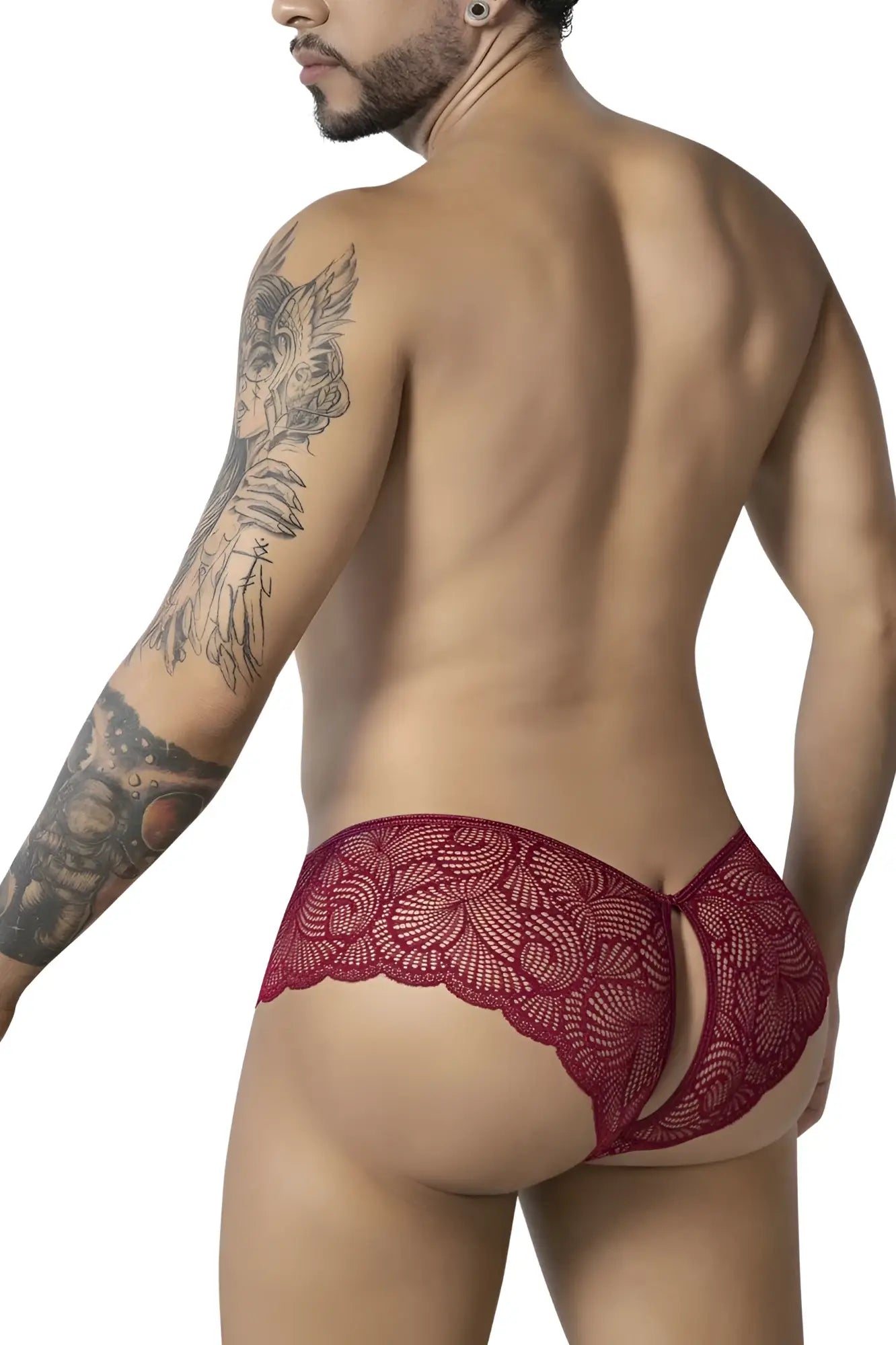 CandyMan 99907 lace trunks in burgundy featuring delicate floral lace briefs with an open back design shown from back