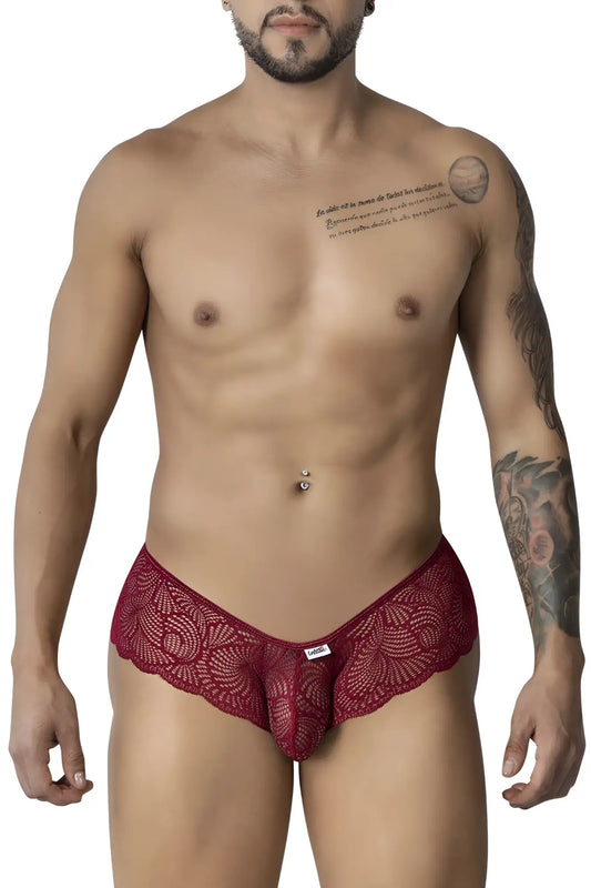 CandyMan 99907 burgundy lace trunks featuring red floral pattern and central pouch design for men