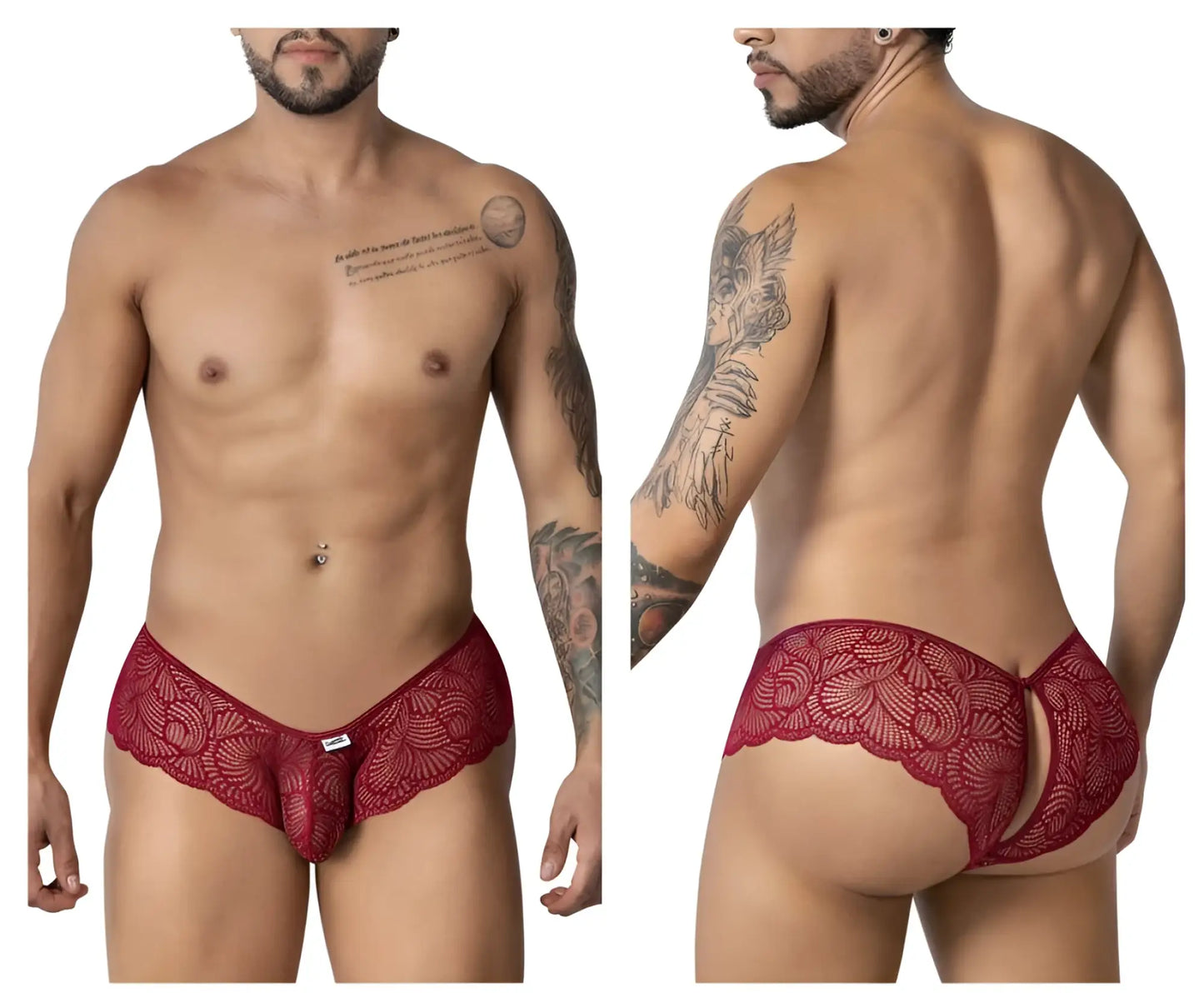 CandyMan 99907 burgundy red lace men’s trunks with scalloped edge and open back design shown from the back side