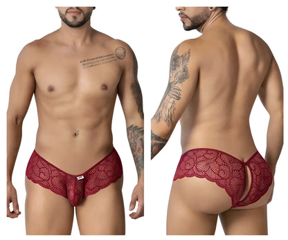CandyMan 99907 burgundy red lace men’s trunks with scalloped edge and open back design shown from the back side