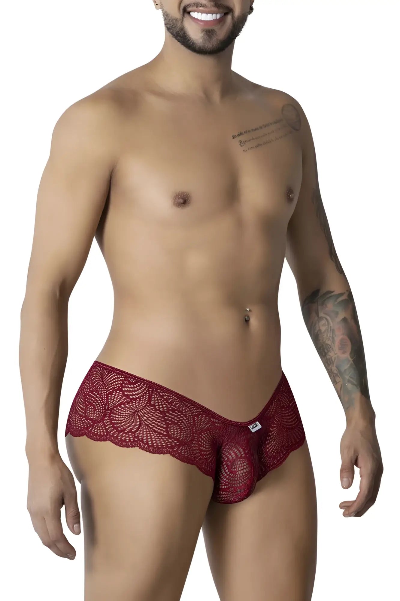 Burgundy red lace mens underwear with scalloped edge and intricate pattern candyMan 99907 lace trunks