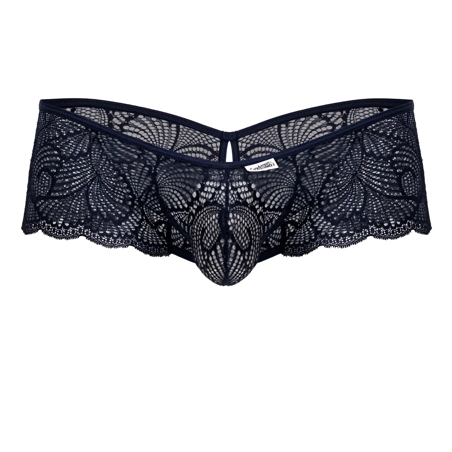 Navy candyman 99907 lace trunks with black lace floral patterns and central mesh design for men