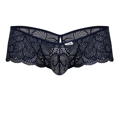 Navy candyman 99907 lace trunks with black lace floral patterns and central mesh design for men