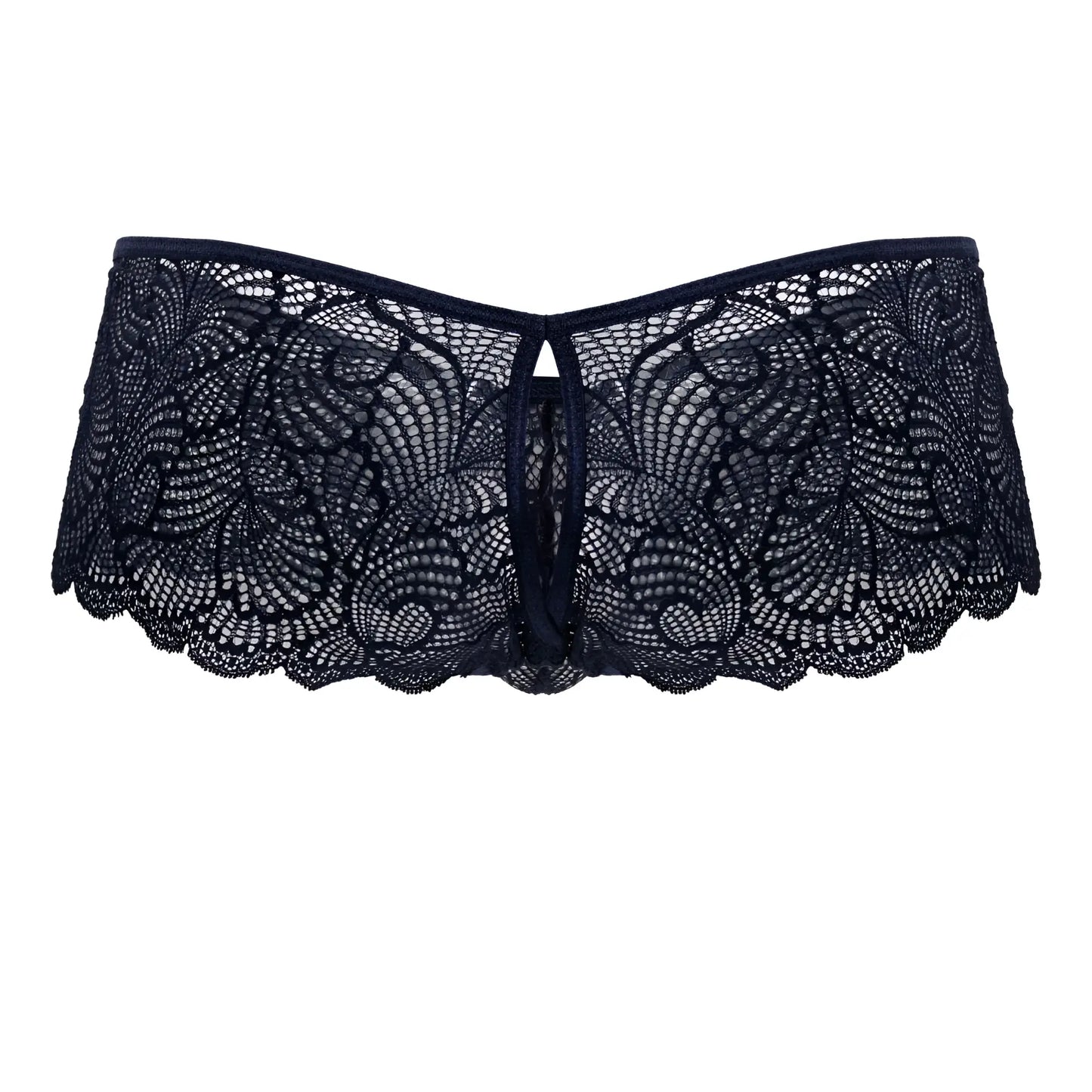Navy candyman 99907 lace trunks featuring black lace with intricate floral patterns and scalloped edges