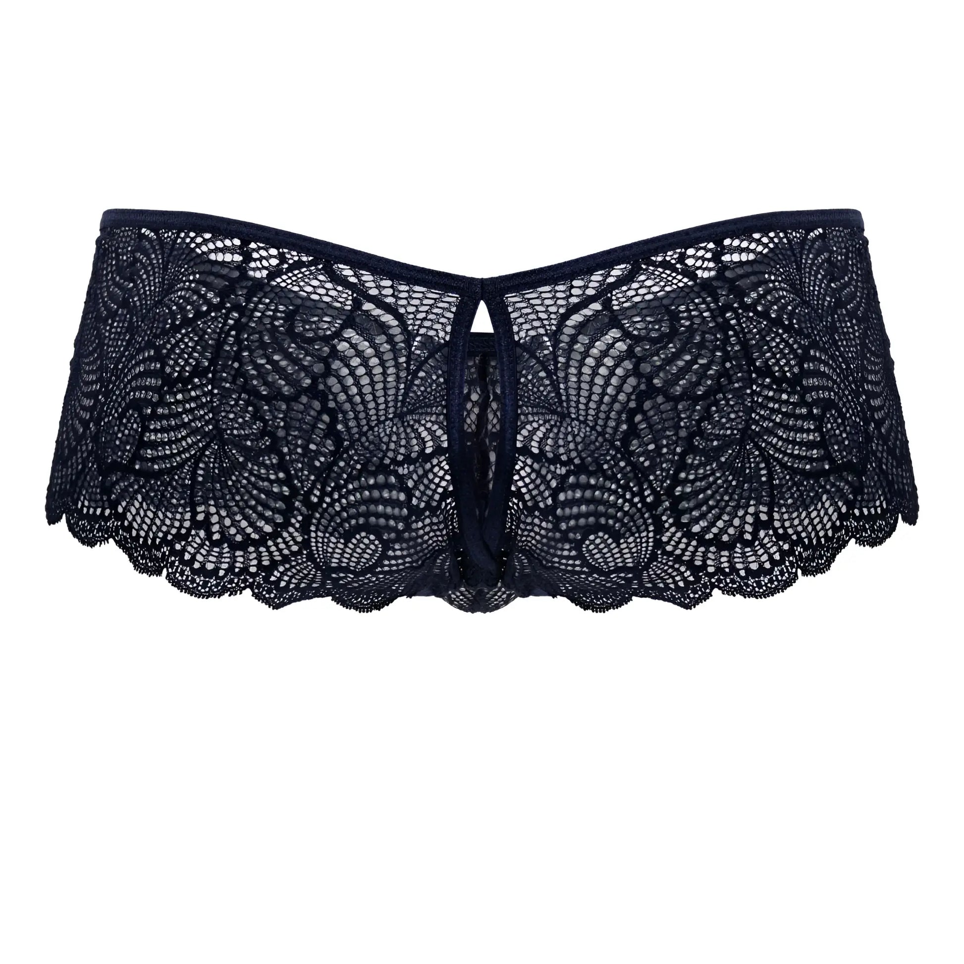 Navy candyman 99907 lace trunks featuring black lace with intricate floral patterns and scalloped edges