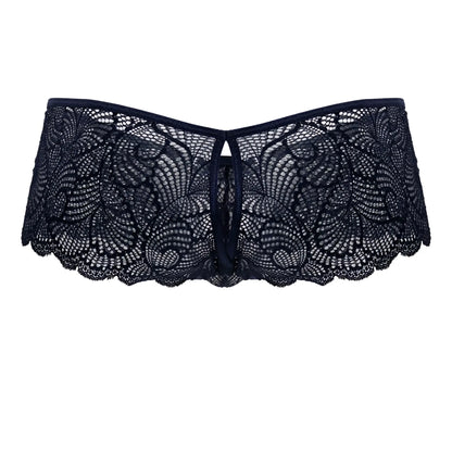 Navy candyman 99907 lace trunks featuring black lace with intricate floral patterns and scalloped edges
