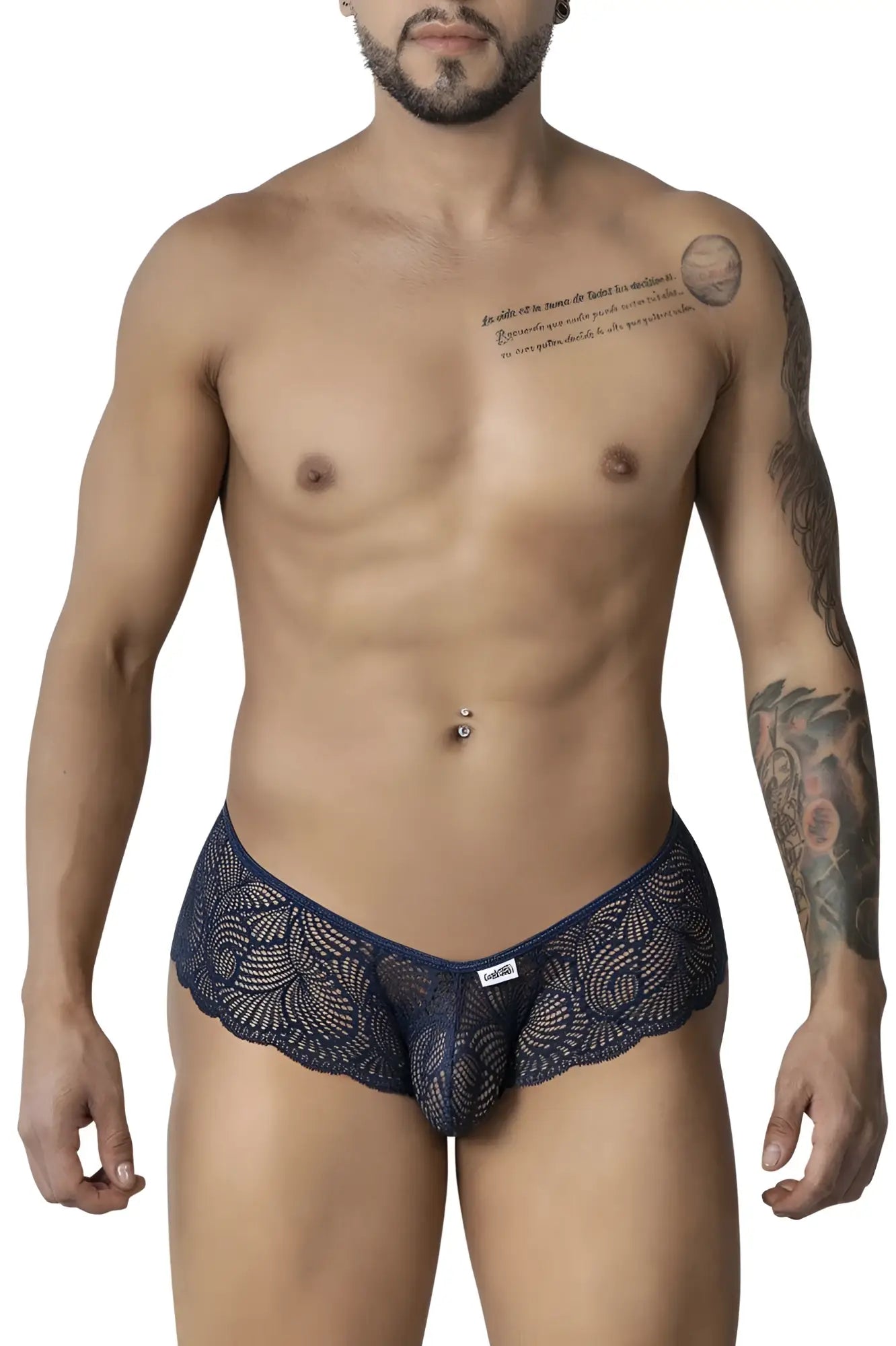Navy blue lace men’s trunks with intricate floral pattern and brand tag on waistband candyMan 99907 lace trunks color navy
