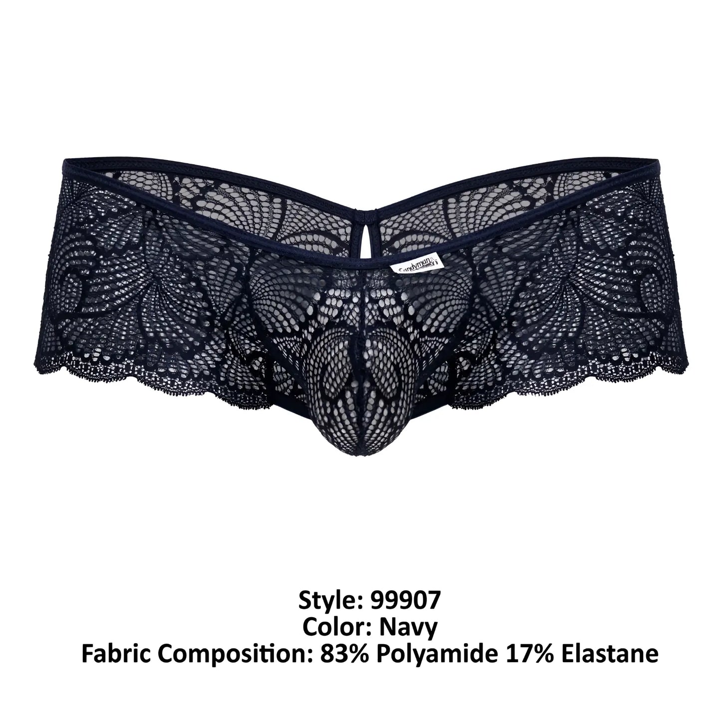 CandyMan 99907 lace trunks in navy featuring intricate floral patterns and a central mesh design for men
