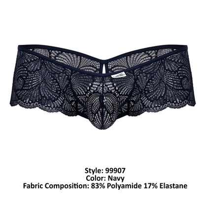 CandyMan 99907 lace trunks in navy featuring intricate floral patterns and a central mesh design for men