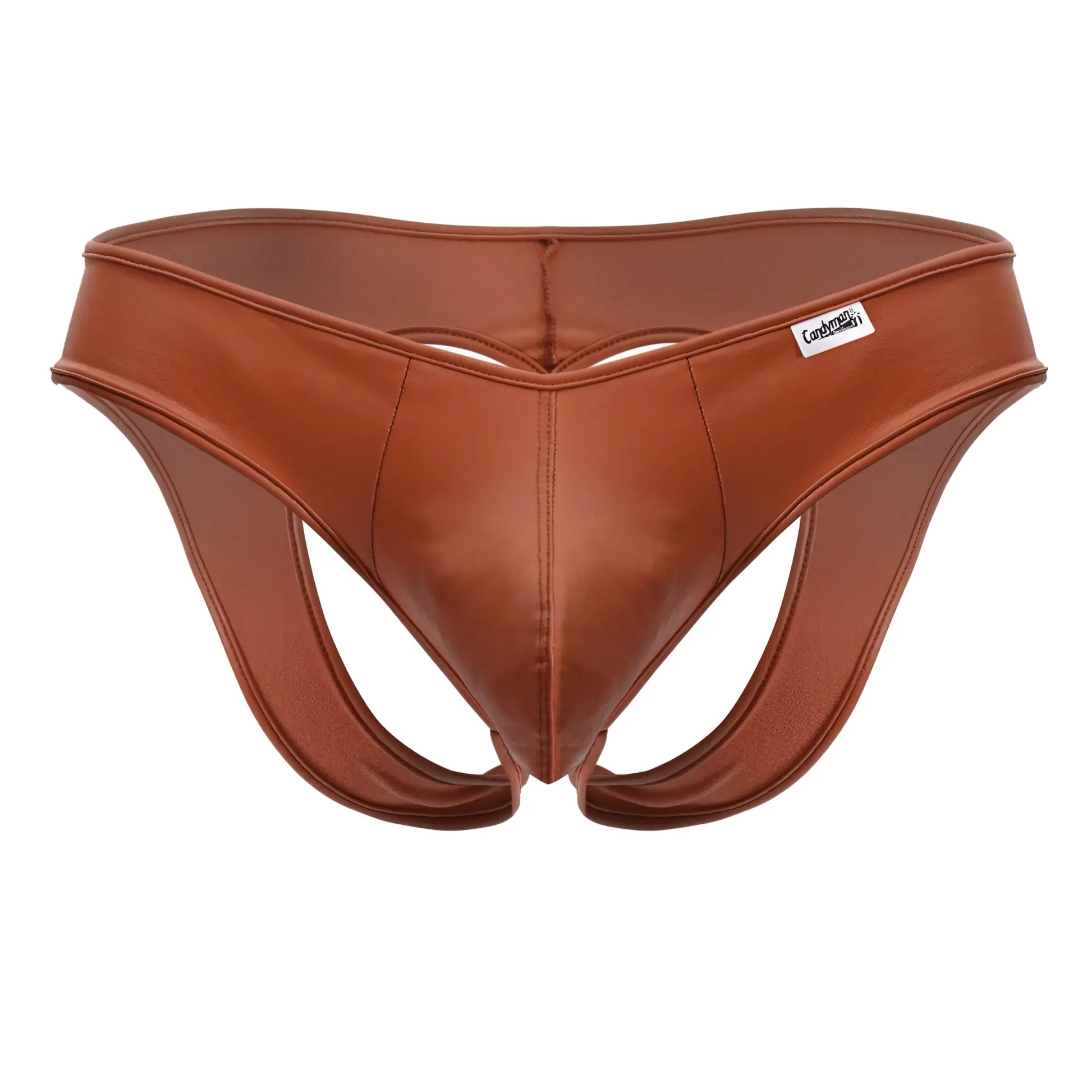 CandyMan 99908 heart briefs in red with brown faux leather thong and sleek contoured design with subtle stitching details