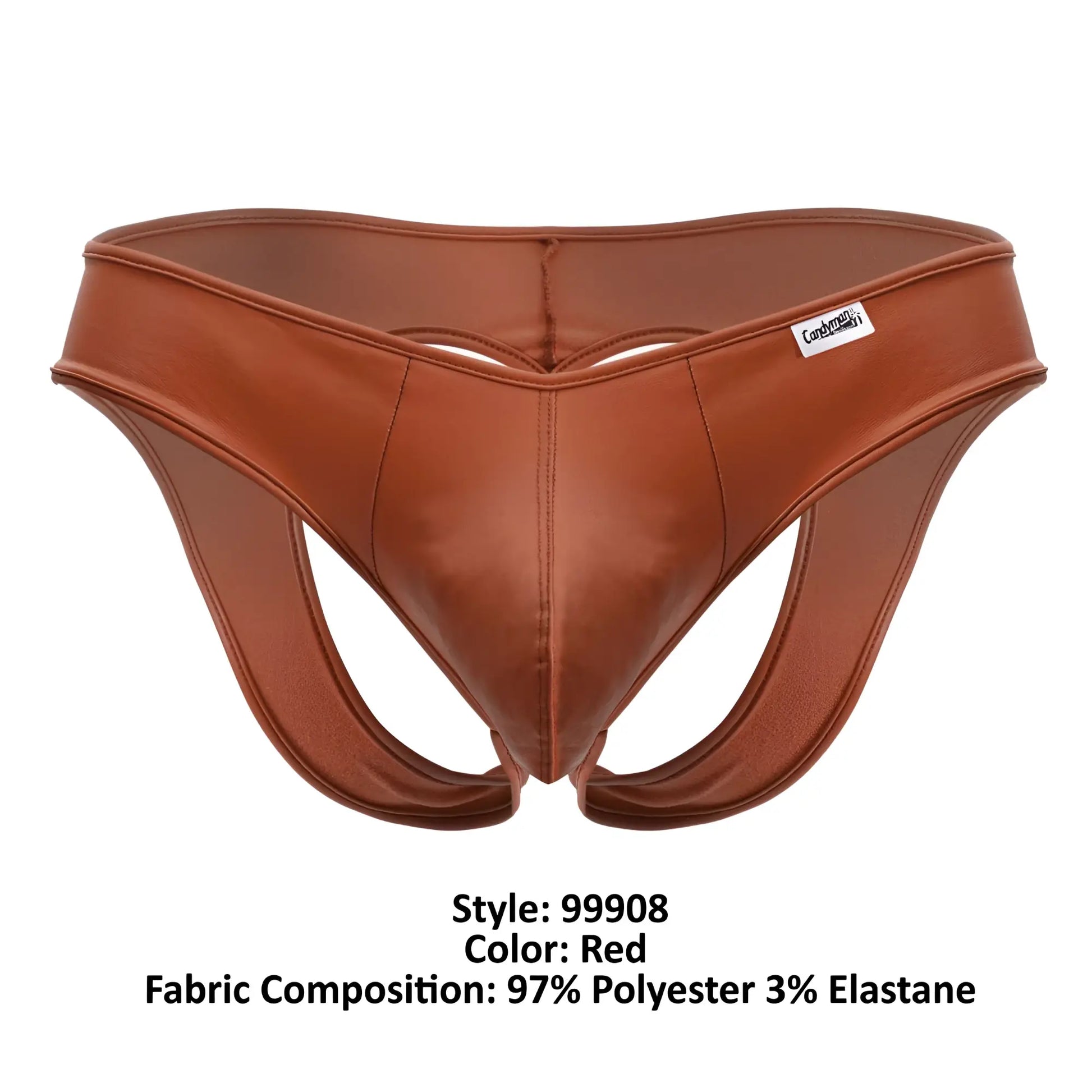 Red faux leather briefs with a sleek contoured design and subtle CandyMan brand tag on the waistband