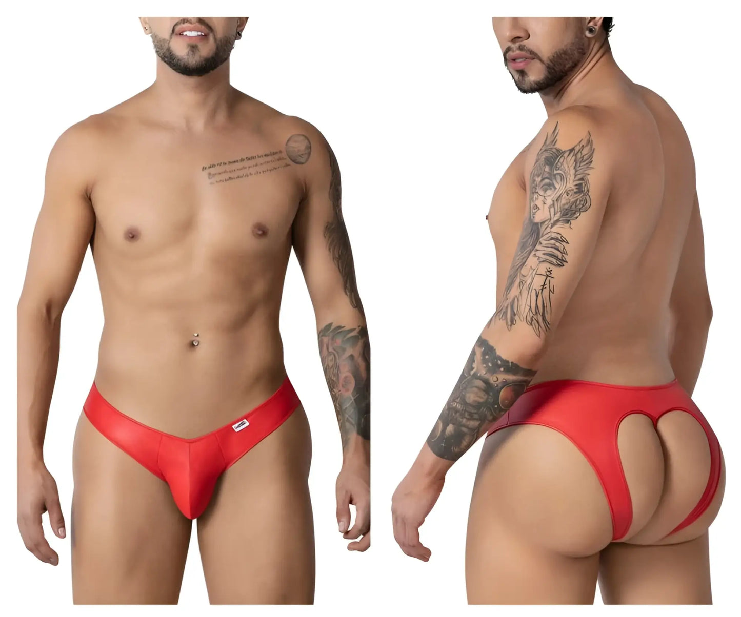 Red candyMan 99908 heart briefs showing the back with a glossy finish and distinctive cutout design