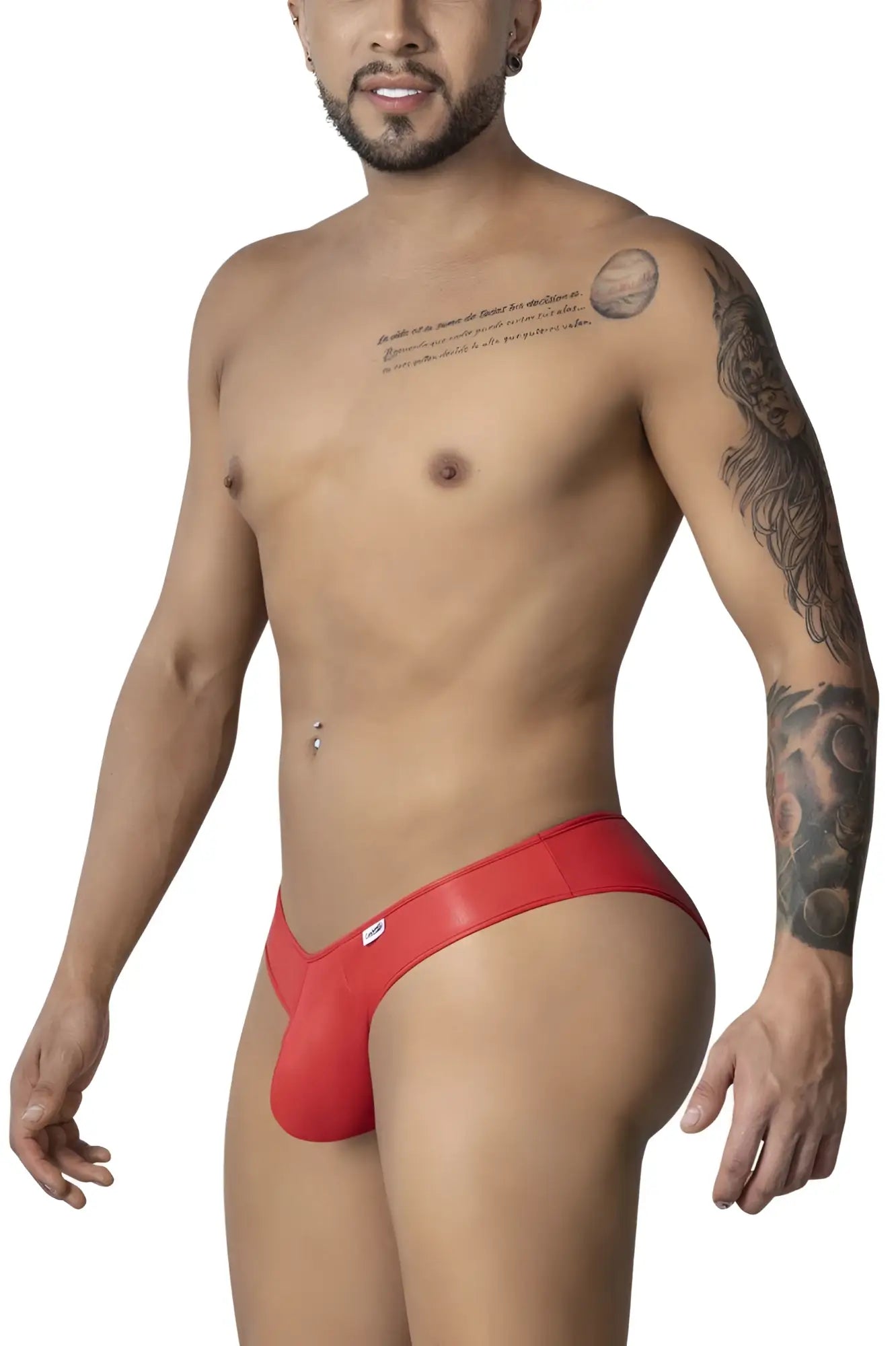Red latex thong brief with small white logo on left hipband from candyman 99908 heart briefs color red collection