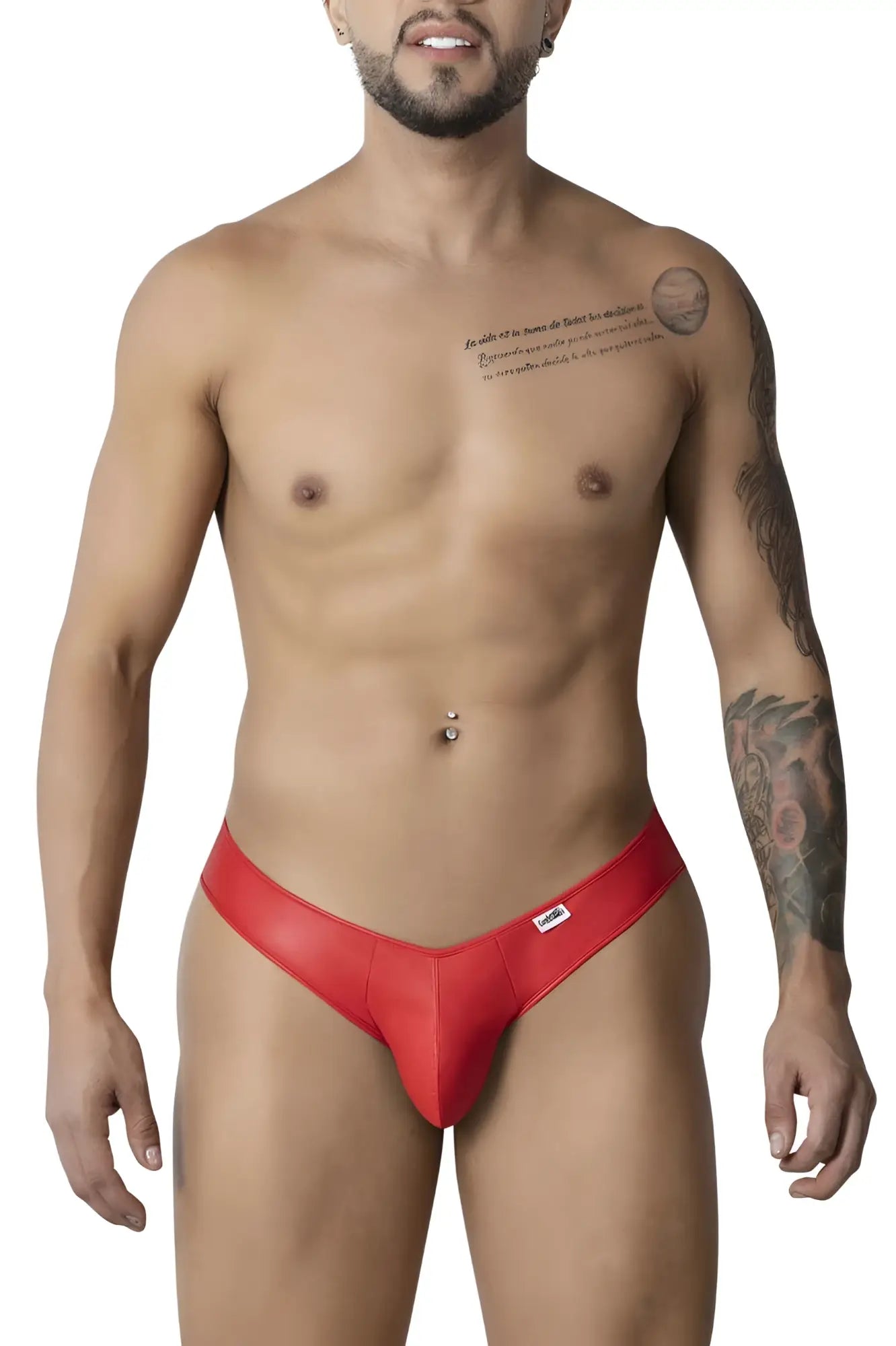 CandyMan 99908 heart briefs in red shiny form-fitting fabric with a small white logo on the left hip