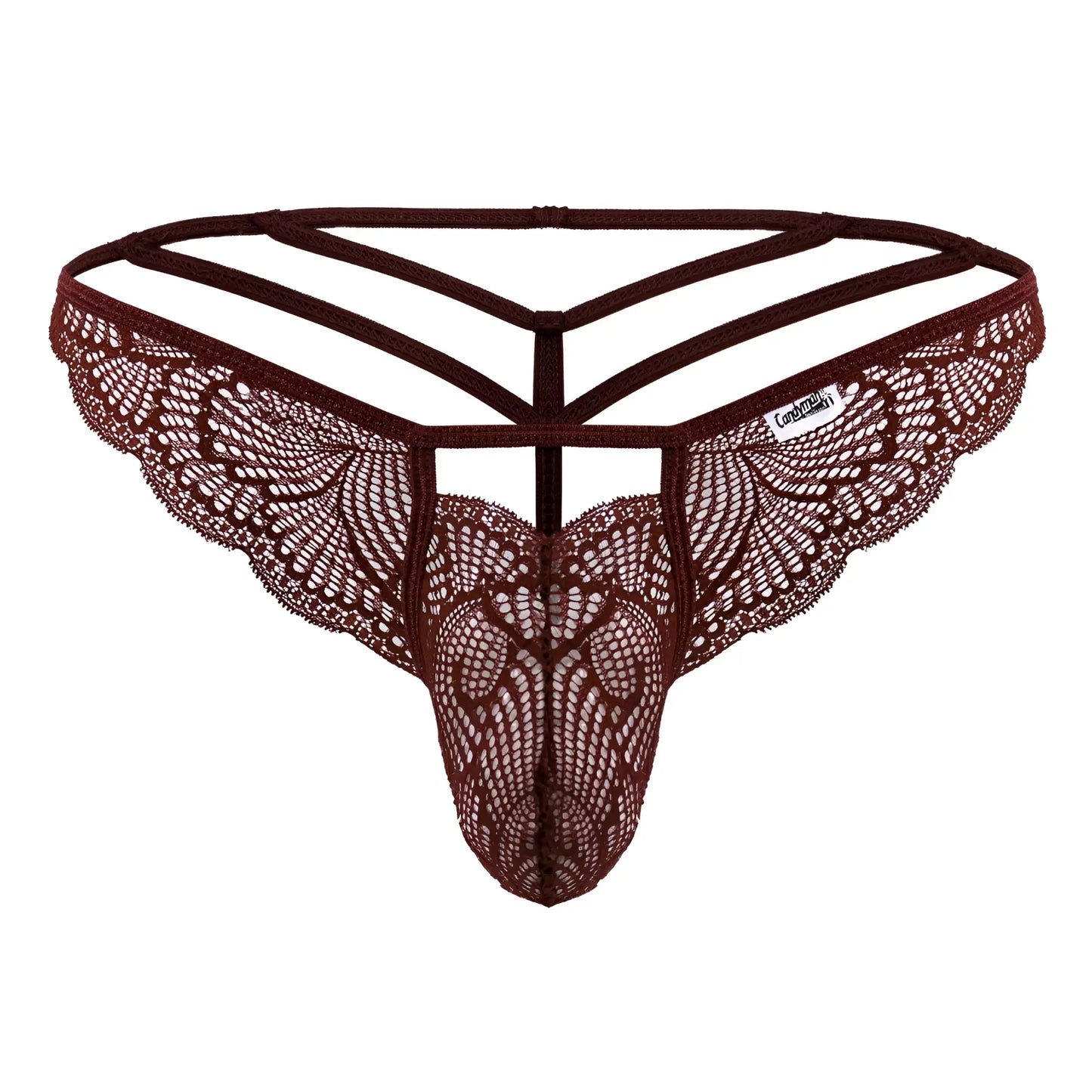 Brown lace thong candyMan 99910 in burgundy with intricate pattern and three-strapped back design shown from back