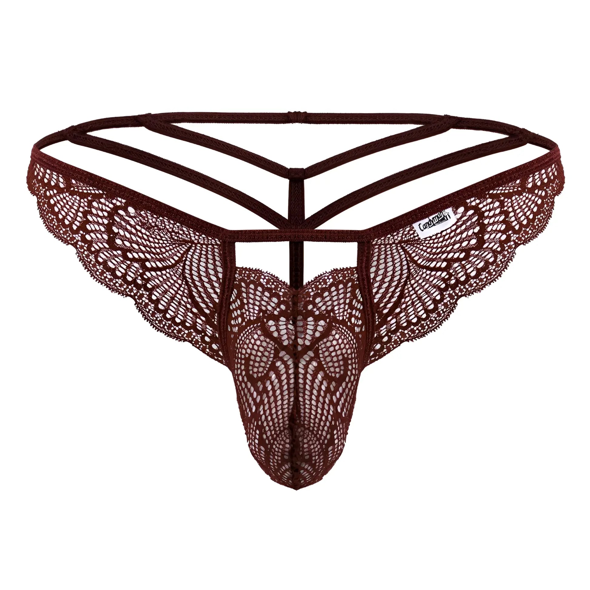 Brown lace thong candyMan 99910 in burgundy with intricate pattern and three-strapped back design shown from back