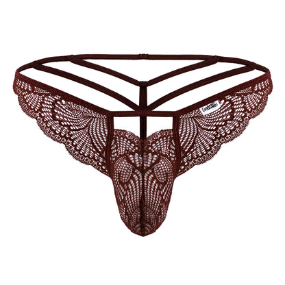 Brown lace thong candyMan 99910 in burgundy with intricate pattern and three-strapped back design shown from back