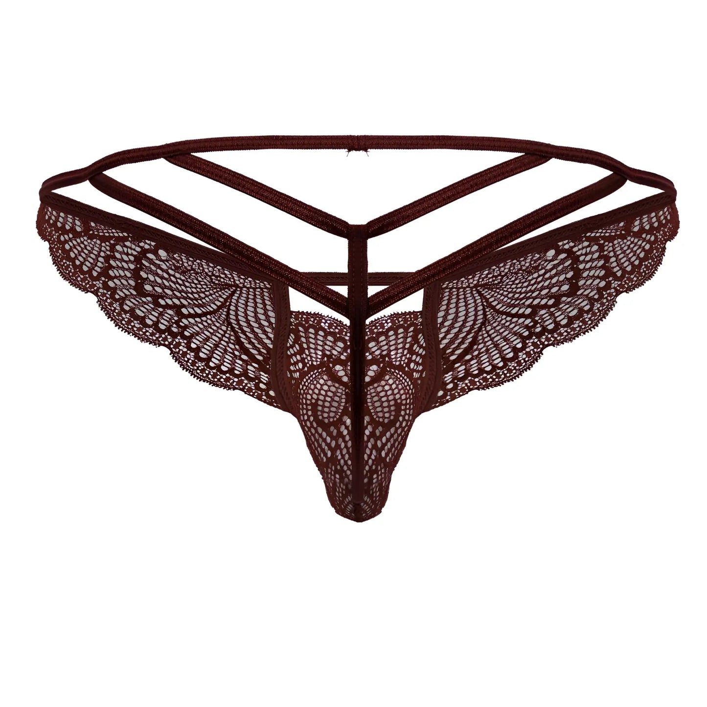 Burgundy dark brown lace thong candyMan 99910 with intricate butterfly wing patterns and triangular strappy design
