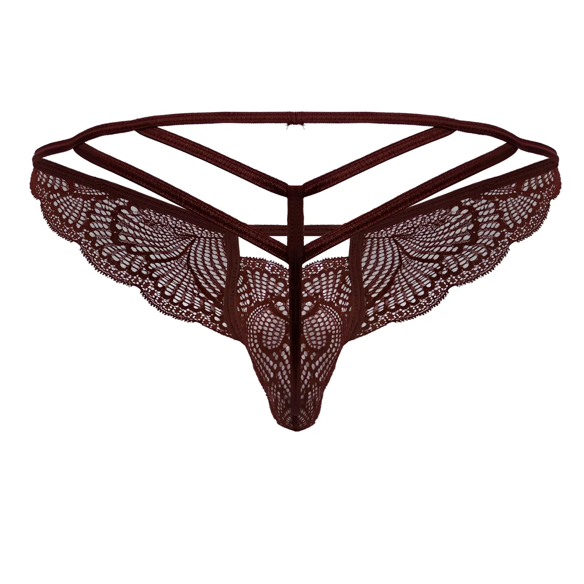 Burgundy dark brown lace thong candyMan 99910 with intricate butterfly wing patterns and triangular strappy design