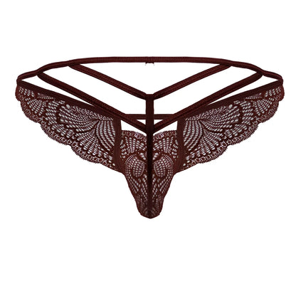 Burgundy dark brown lace thong candyMan 99910 with intricate butterfly wing patterns and triangular strappy design