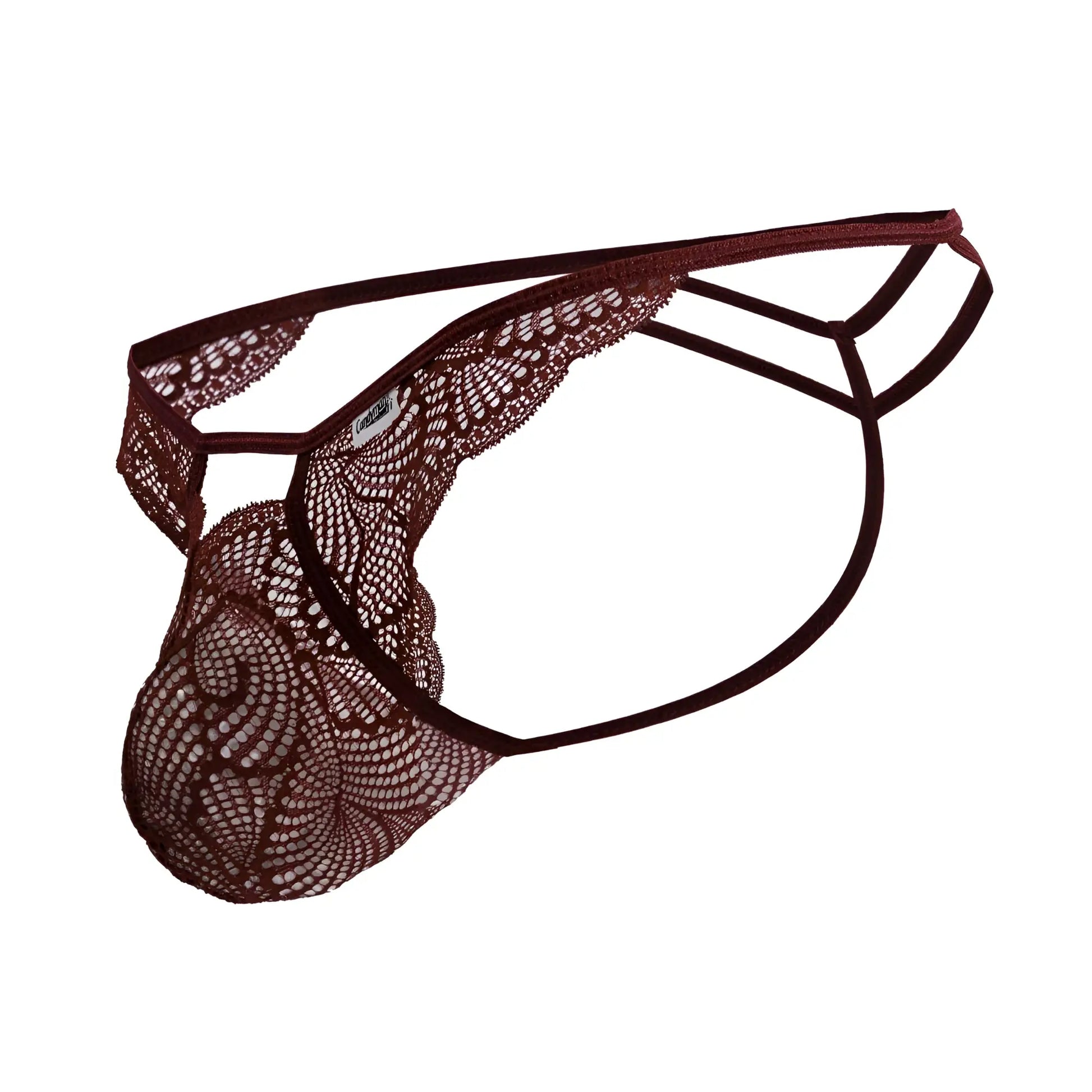 A dark burgundy lace thong with intricate pattern and supportive elastic straps from candyman 99910 lace thongs collection