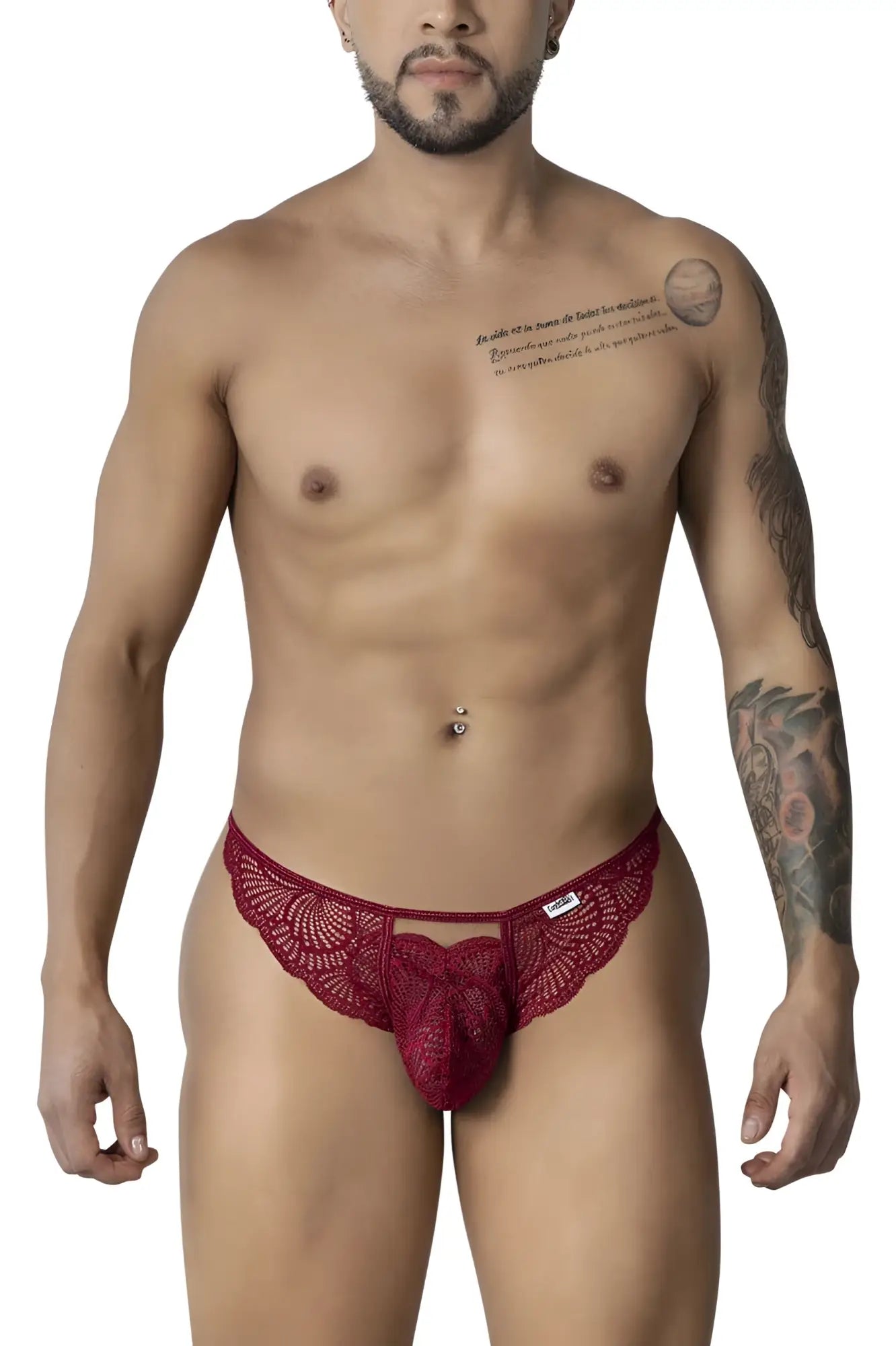 Burgundy CandyMan 99910 lace thong with central bow design made from delicate lace fabric for stylish comfort