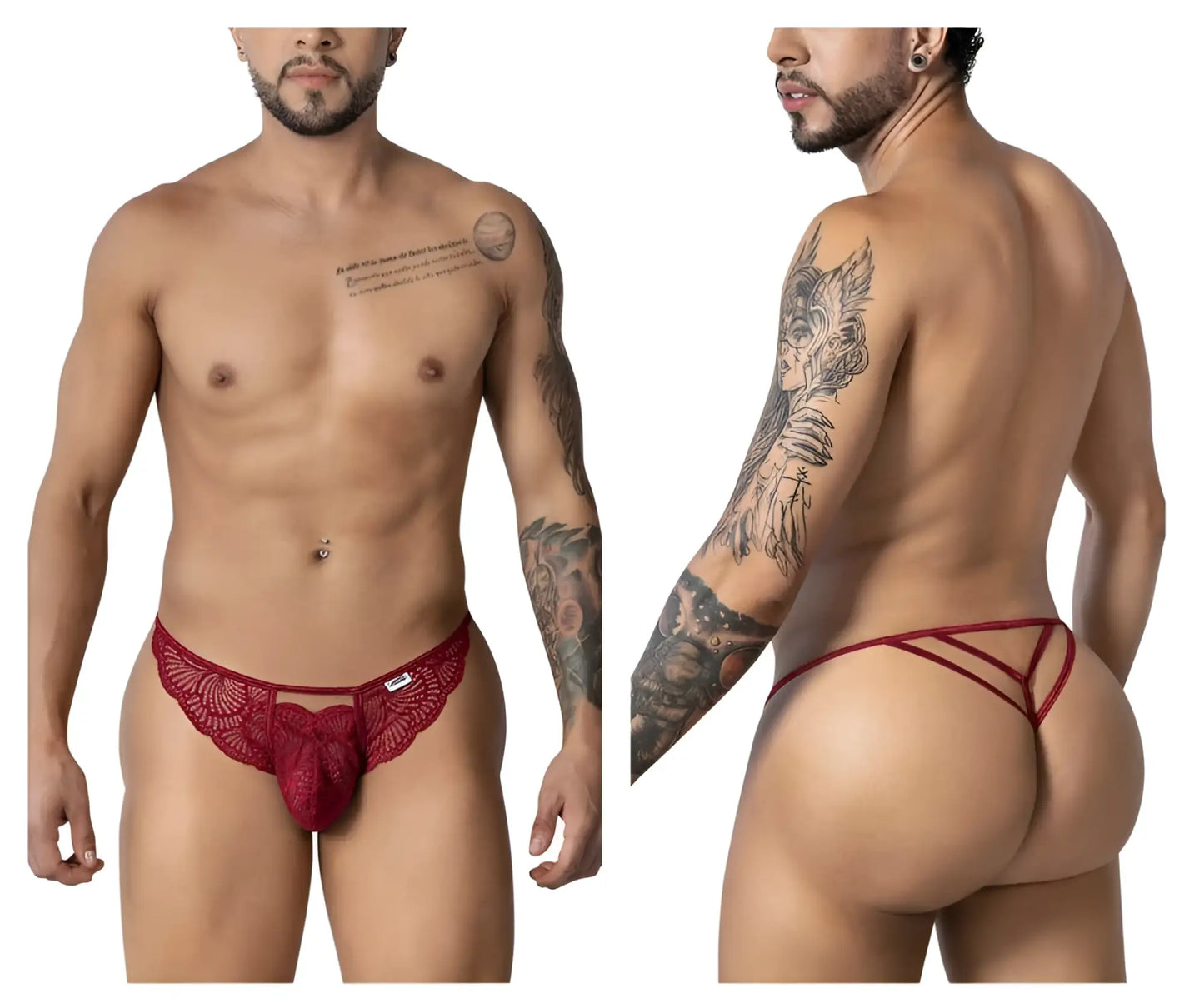 Burgundy candyMan 99910 lace thong with decorative bow at front in red lace material for intimate wear