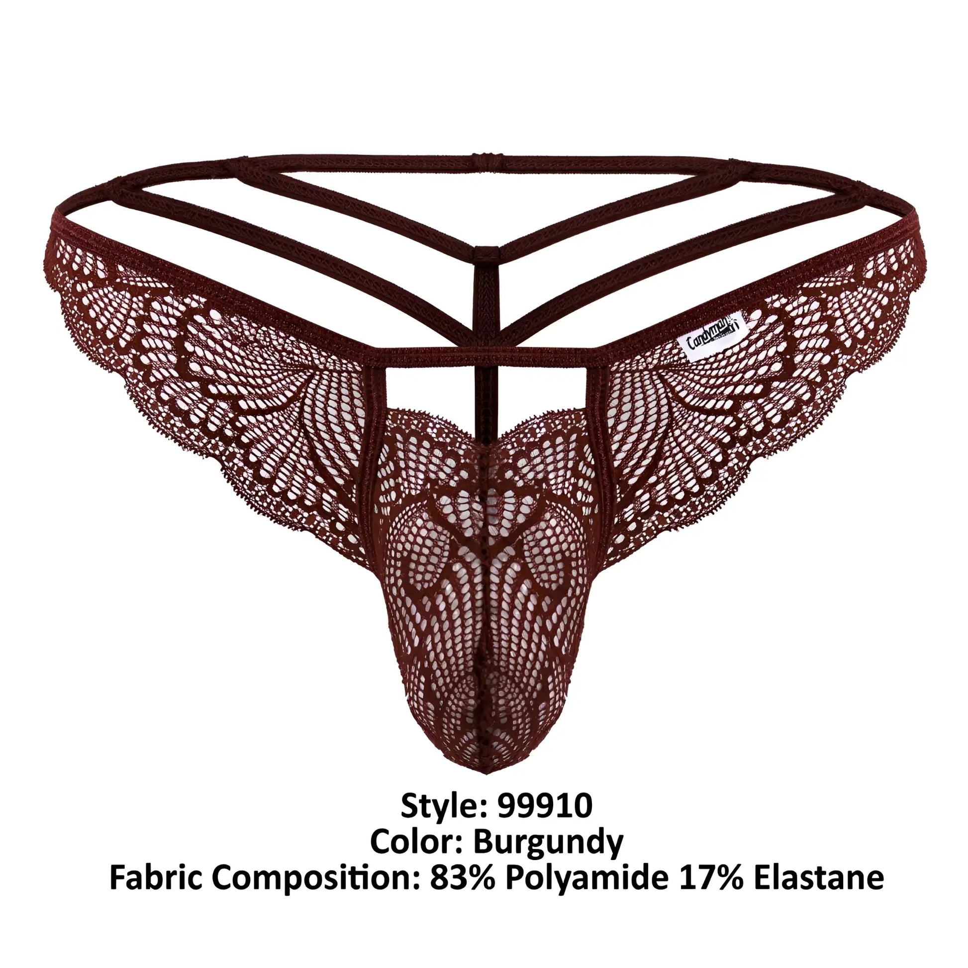 Burgundy candy man 99910 lace thong with intricate butterfly pattern and multi-strapped supportive backband shown from back