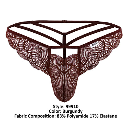 Burgundy candy man 99910 lace thong with intricate butterfly pattern and multi-strapped supportive backband shown from back