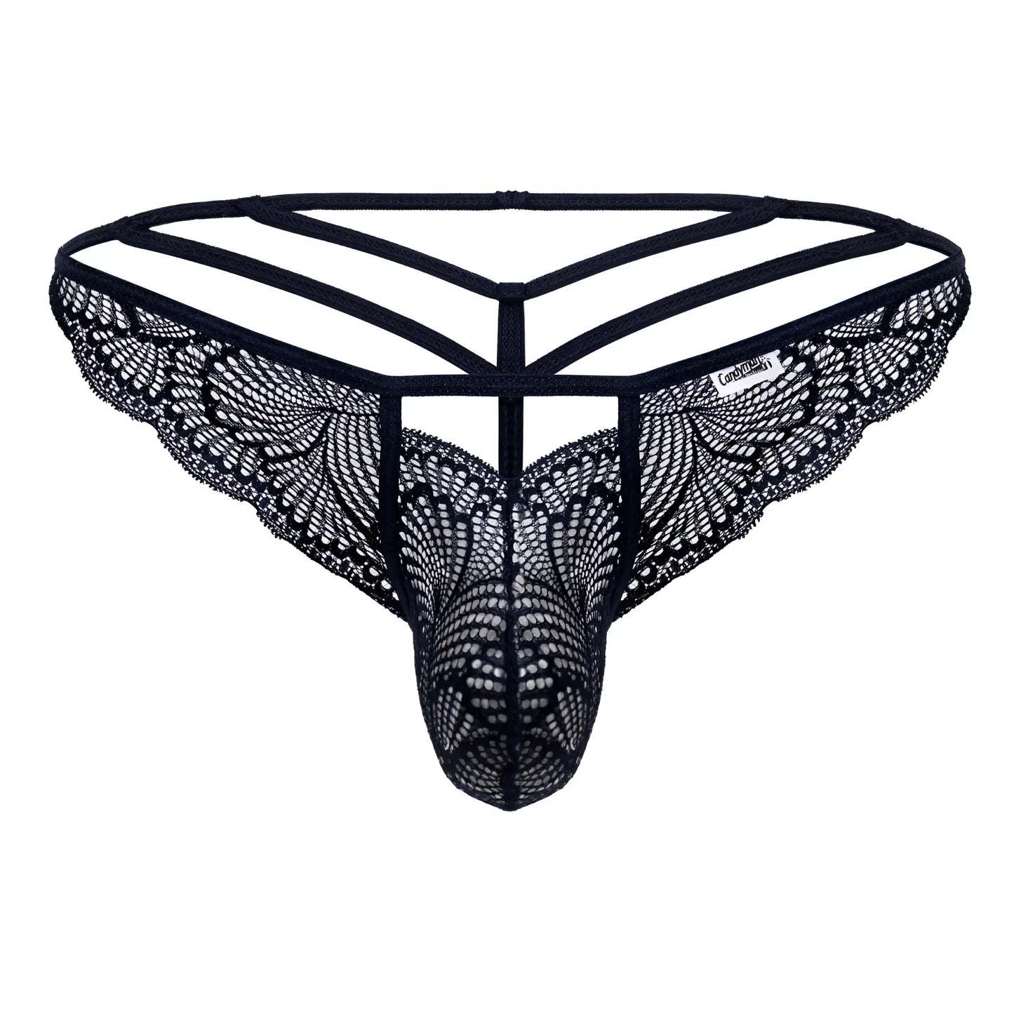 Navy CandyMan 99910 lace thong with intricate butterfly wing patterns and a supportive strappy design front view