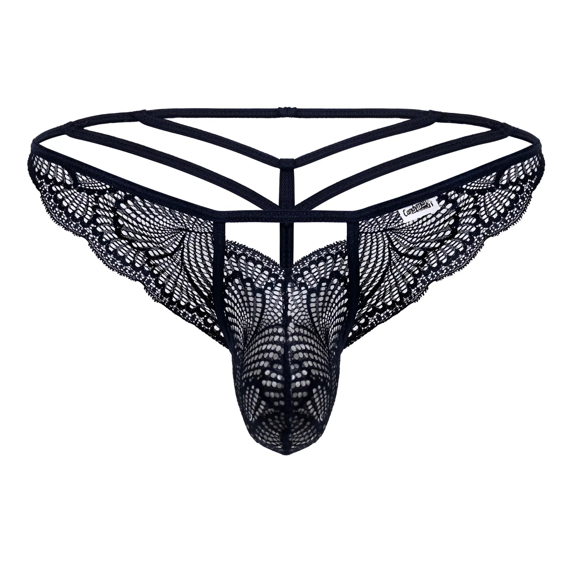 Navy CandyMan 99910 lace thong with intricate butterfly wing patterns and a supportive strappy design front view