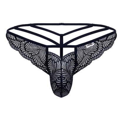 Navy CandyMan 99910 lace thong with intricate butterfly wing patterns and a supportive strappy design front view