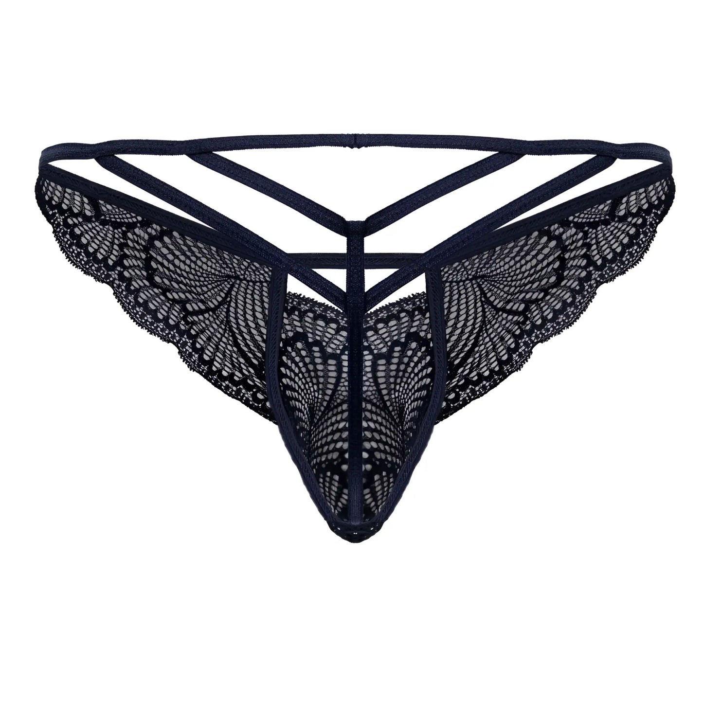 CandyMan 99910 navy lace thong with intricate butterfly wing patterns and crisscross back design shown from back