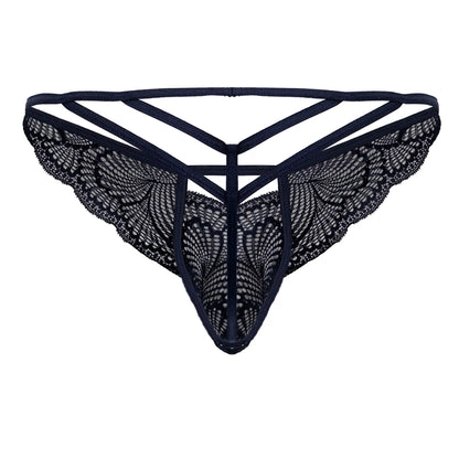 CandyMan 99910 navy lace thong with intricate butterfly wing patterns and crisscross back design shown from back