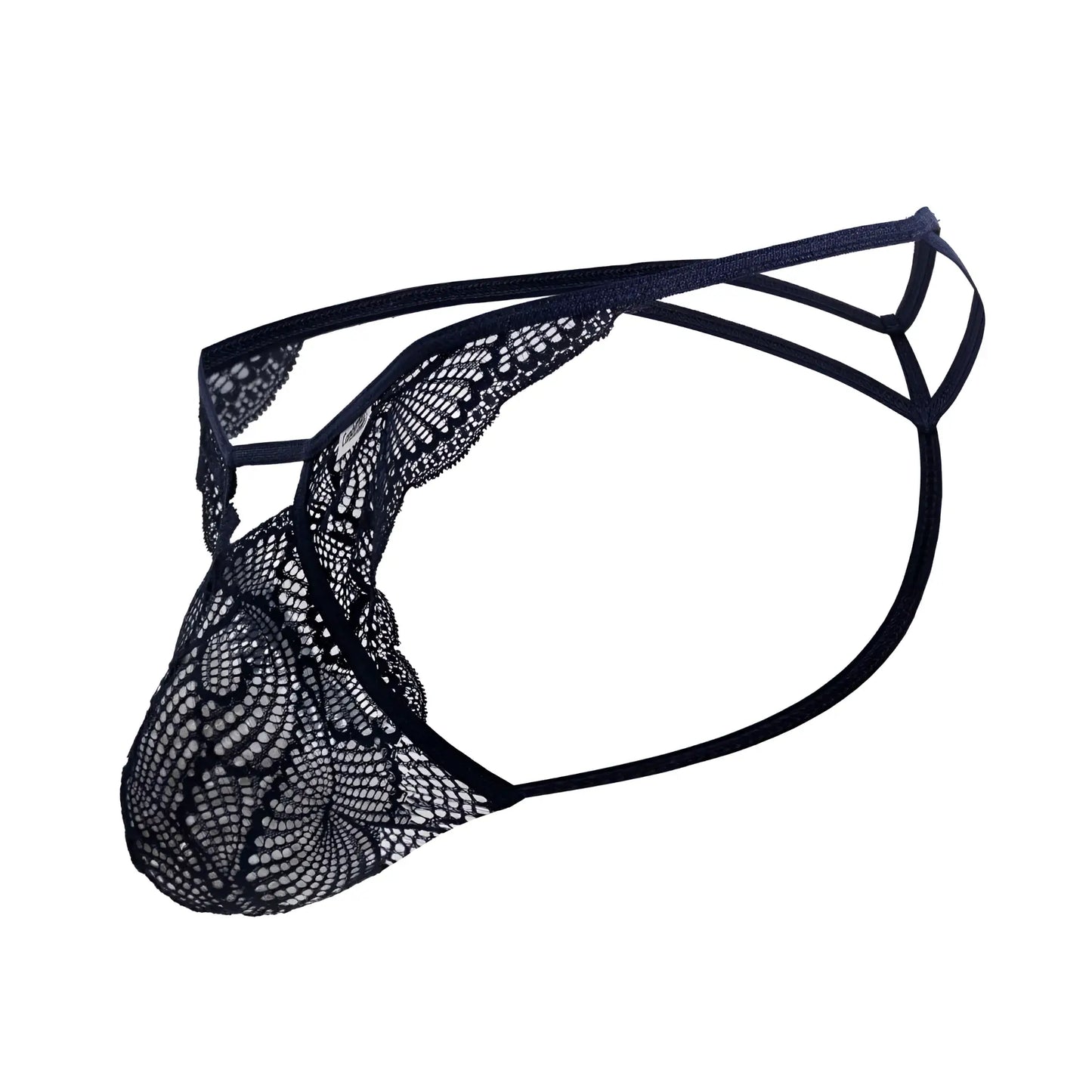 Navy black lace thong candyman 99910 with intricate floral patterns and a supportive multi-strapped design