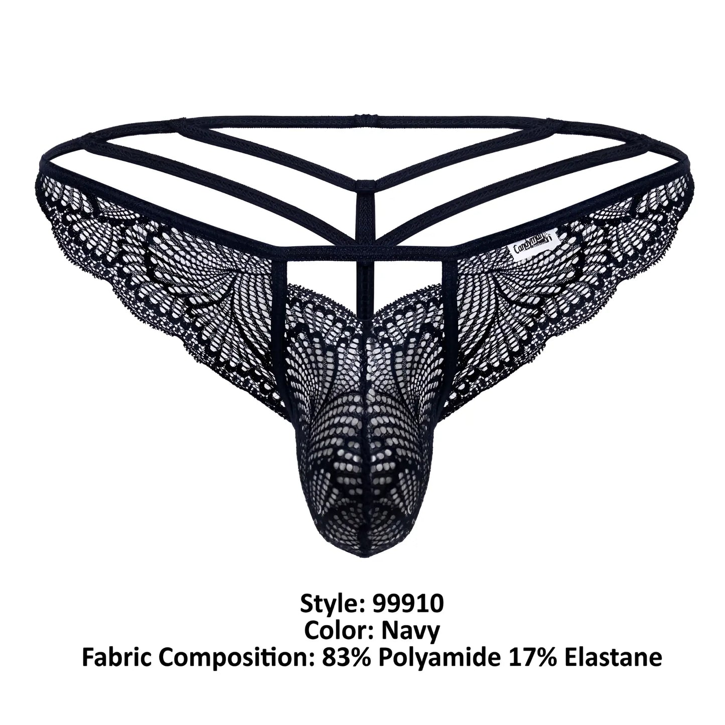 Navy lace thong candyMan 99910 featuring intricate butterfly-patterned mesh and a supportive strappy backband view from back