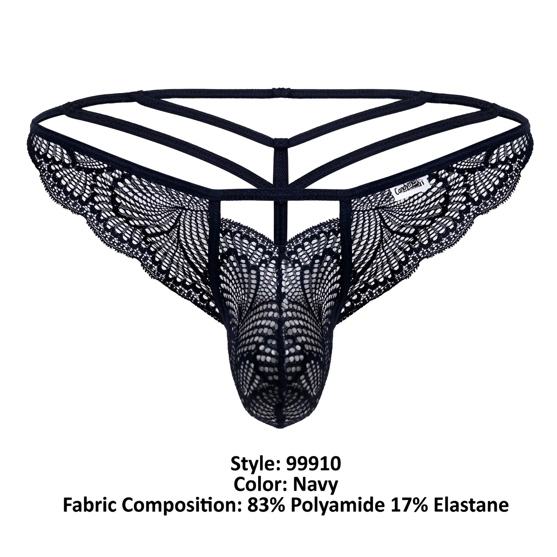 Navy lace thong candyMan 99910 featuring intricate butterfly-patterned mesh and a supportive strappy backband view from back
