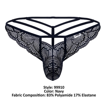 Navy lace thong candyMan 99910 featuring intricate butterfly-patterned mesh and a supportive strappy backband view from back