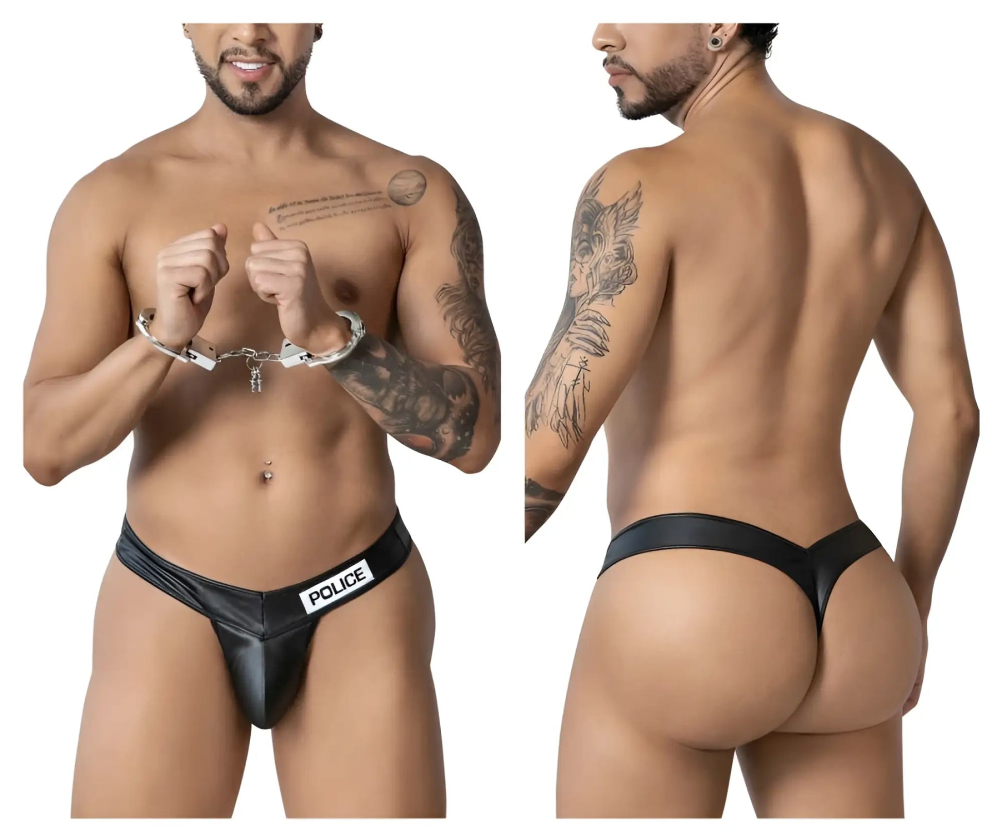 Black leather-like police thong with white police label on waistband from candyman 99912 collection
