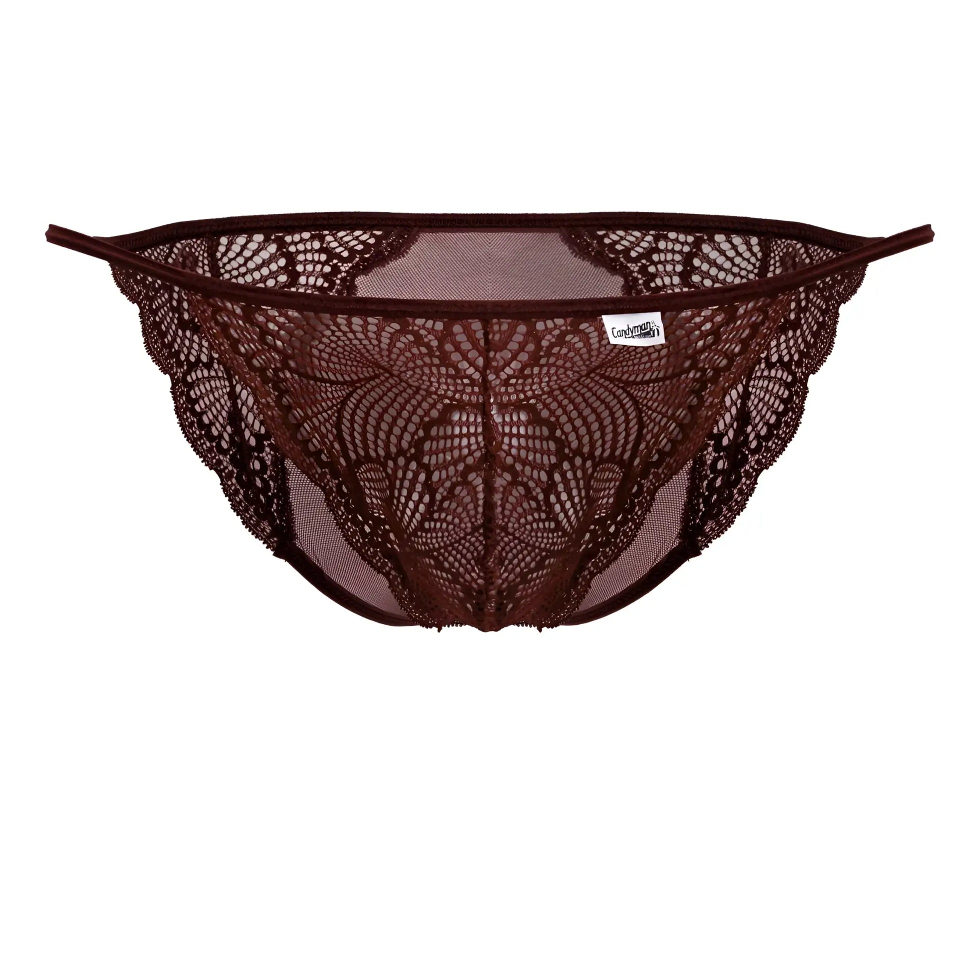A burgundy CandyMan 99914 lace brief with dark brown floral patterns and mesh backing visible from the back side