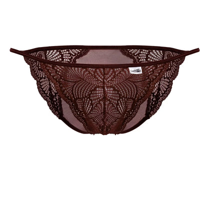 A burgundy CandyMan 99914 lace brief with dark brown floral patterns and mesh backing visible from the back side