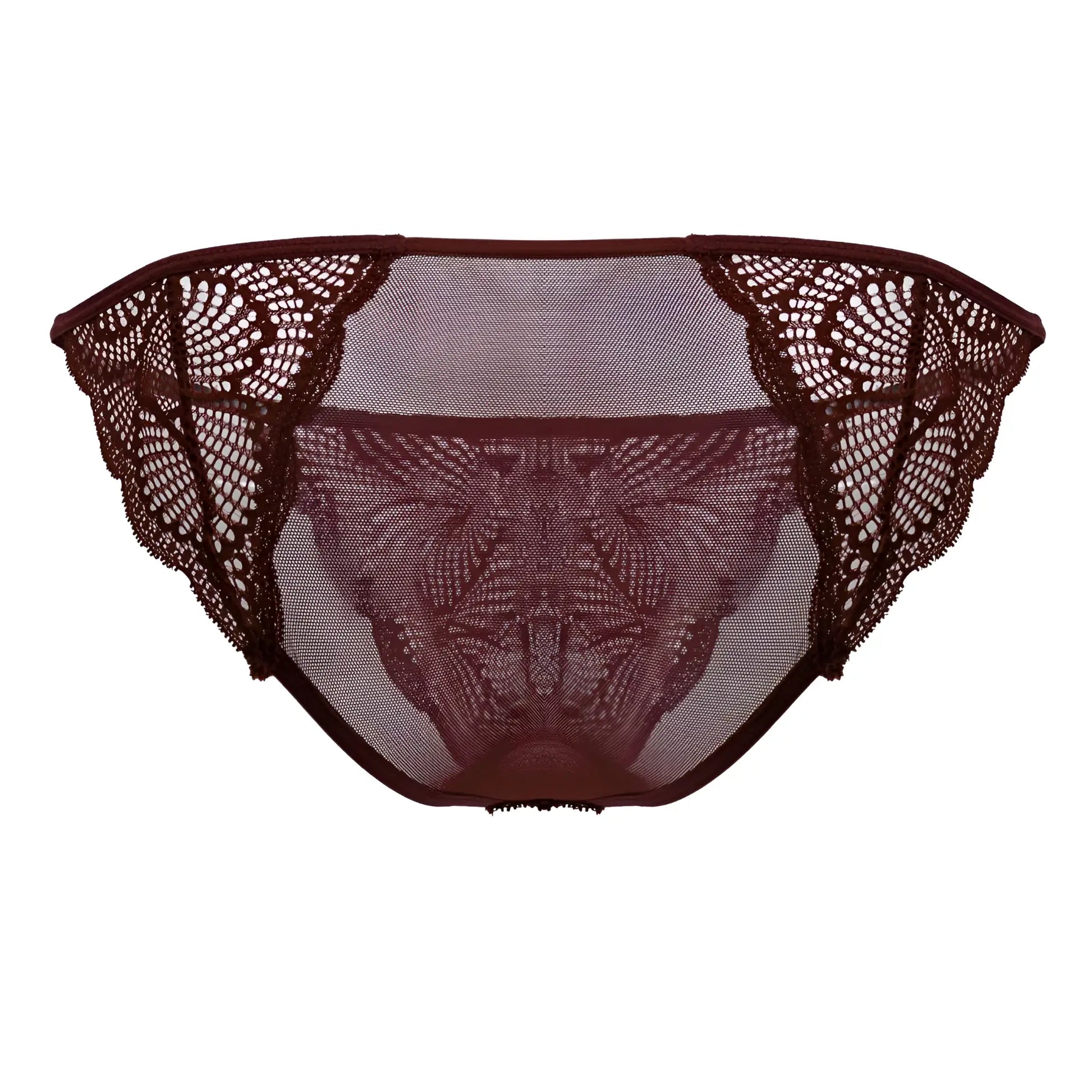 CandyMan 99914 lace briefs in burgundy featuring maroon lace with floral patterns and a sheer mesh center