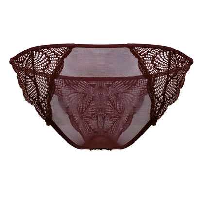 CandyMan 99914 lace briefs in burgundy featuring maroon lace with floral patterns and a sheer mesh center